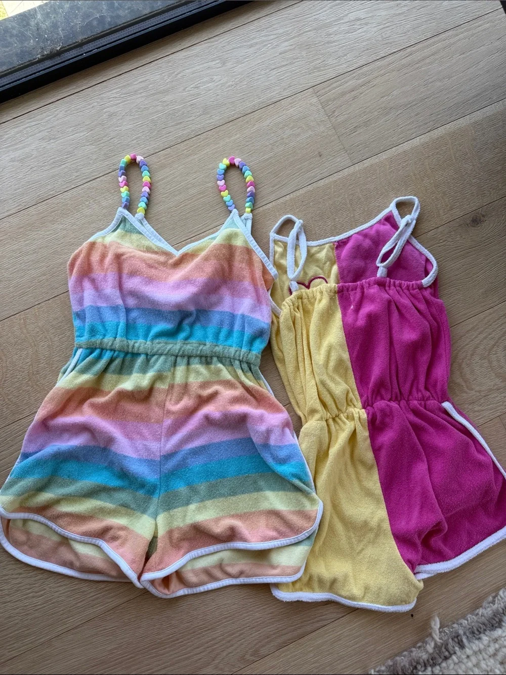 Lot of 2 Lola + The Boys Pastel Rainbow Heart-Trim Terry Rompers 💓🌈🦄